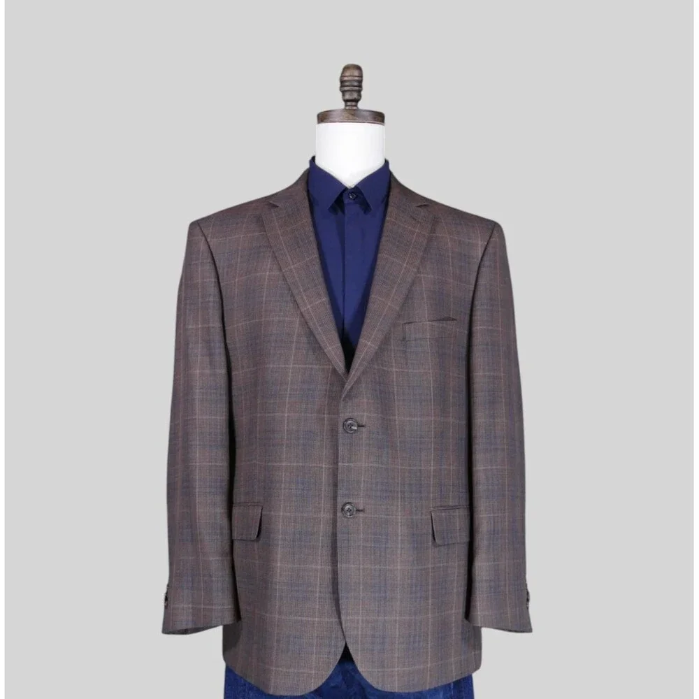 Jos A Bank Reserve Sport Coat Blazer Men 48R Tailored Brown Blue Plaid Wool Silk